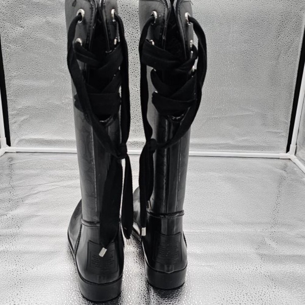 COACH Tristee Waterproof Rain Boots Lace Corset Monogram Logo Tall Black 9 B - Picture 3 of 9